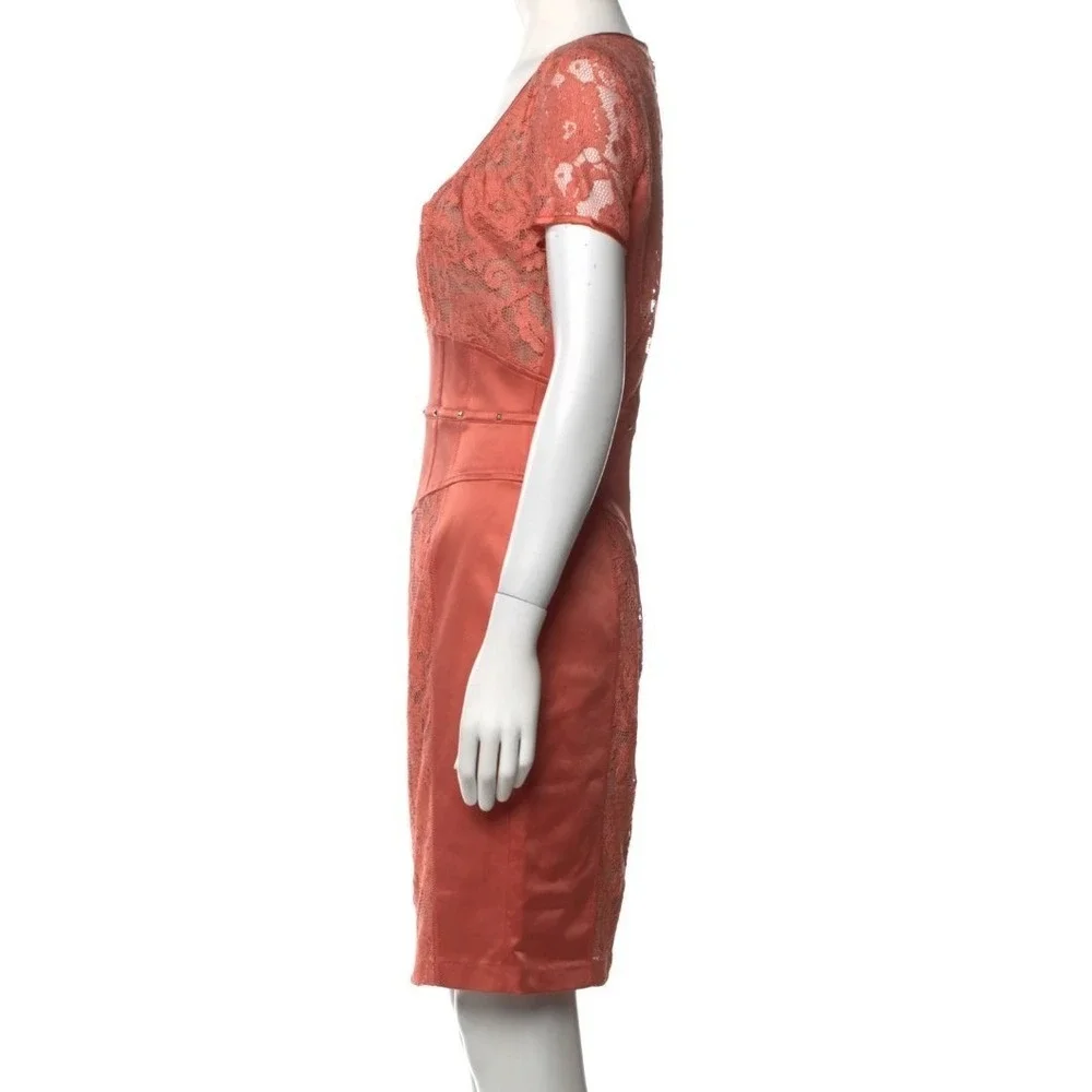 Elisabetta Franchi Coral Lace Sheath Dress Studded Short‎ Sleeve Size 44 $487